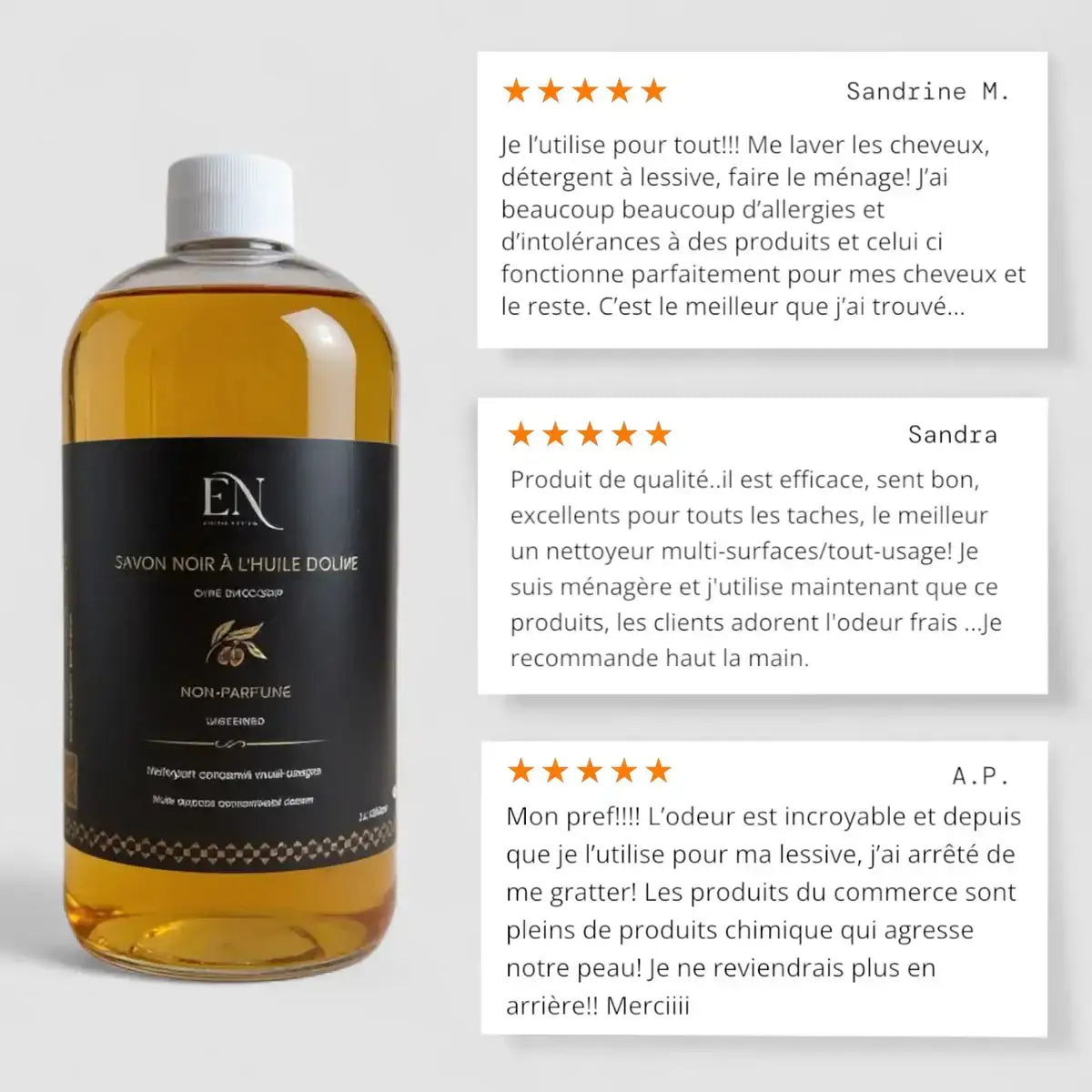 Plusieurs avis 5 étoiles pour le savon noir ménager liquide, naturel à l'huile d'olive lavande et tangerine fait au Québec, Canada par Savonnerie Escale Nature.