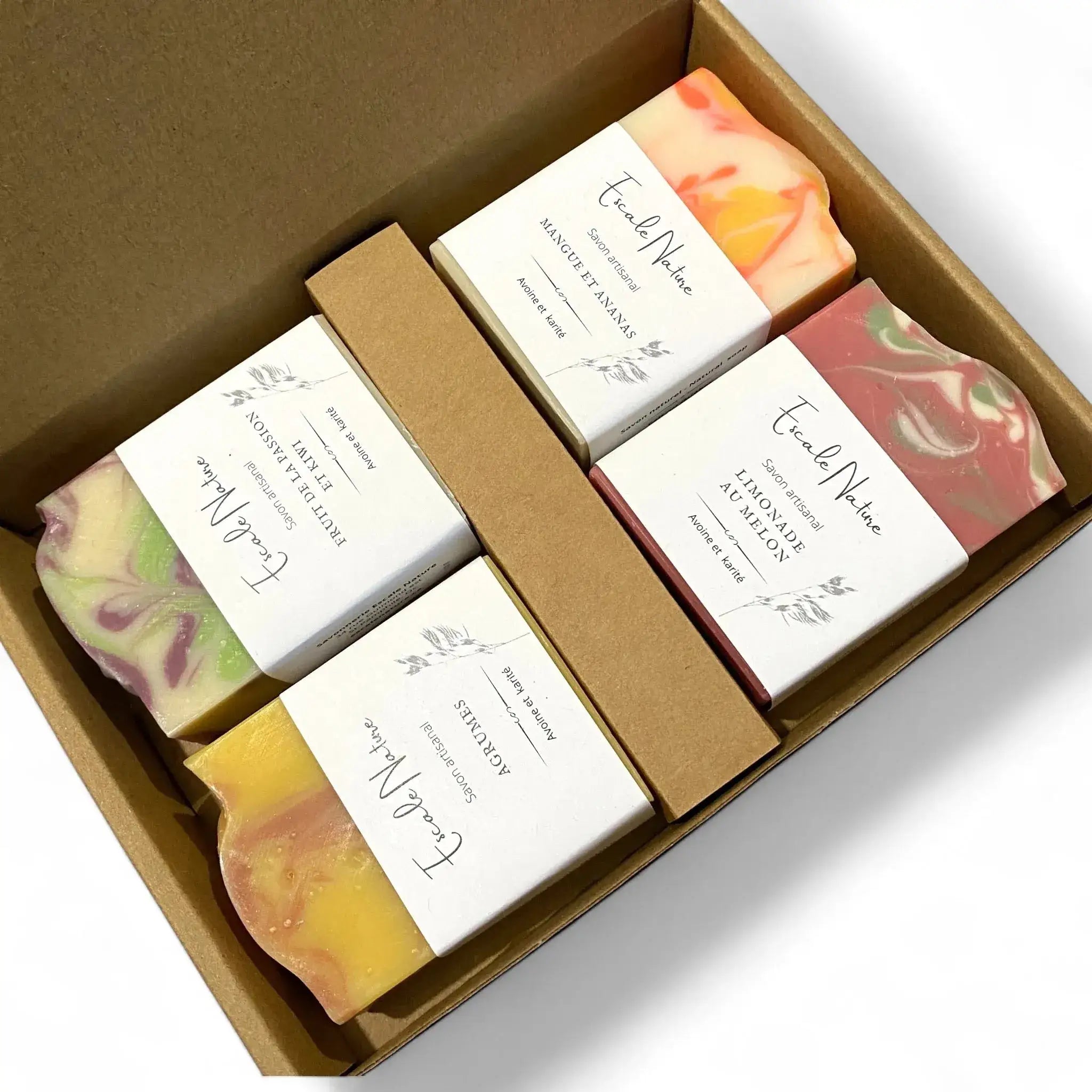 Coffret cadeau de 4 savon naturels et artisanaux aux parfums de fruits fait au Québec par Savonnerie Escale Nature