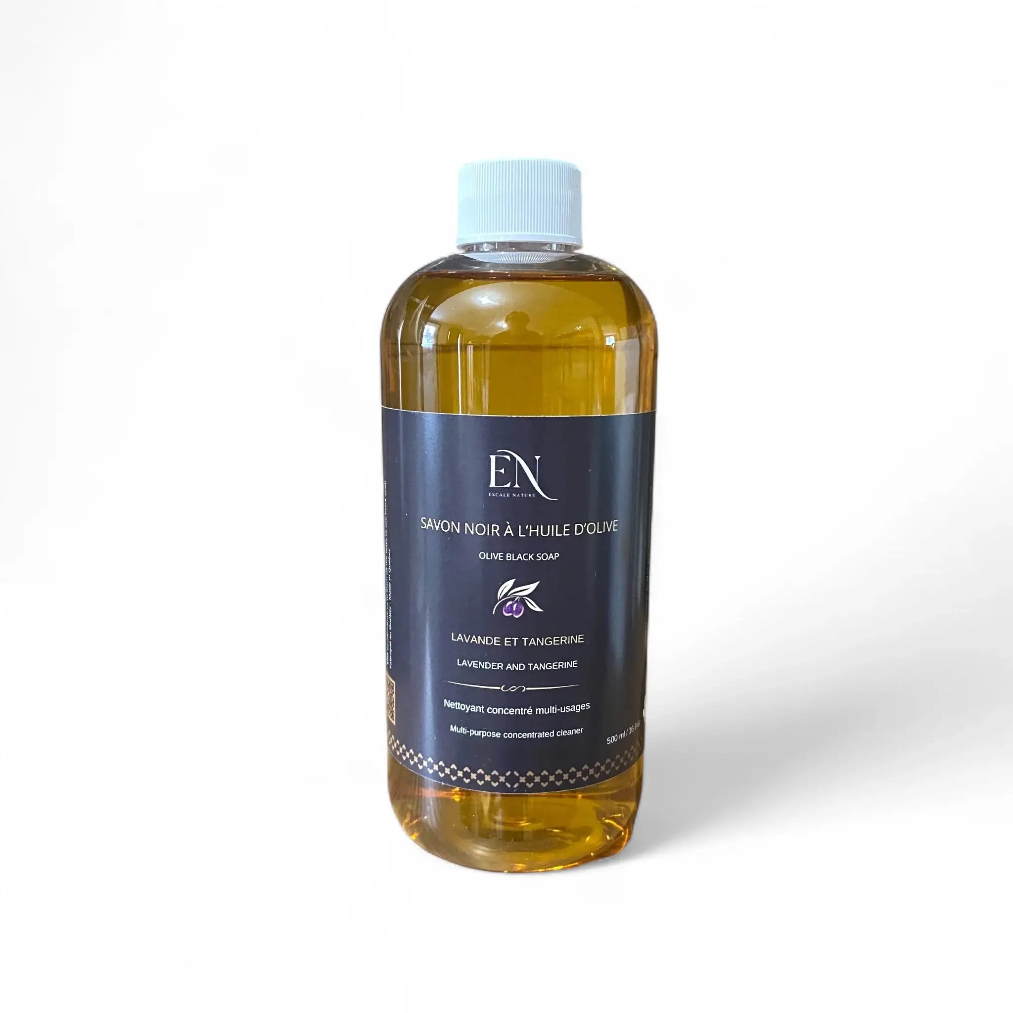 Savon noir ménager liquide, naturel à l'huile d'olive lavande et tangerine fait au Québec, Canada par Savonnerie Escale Nature.