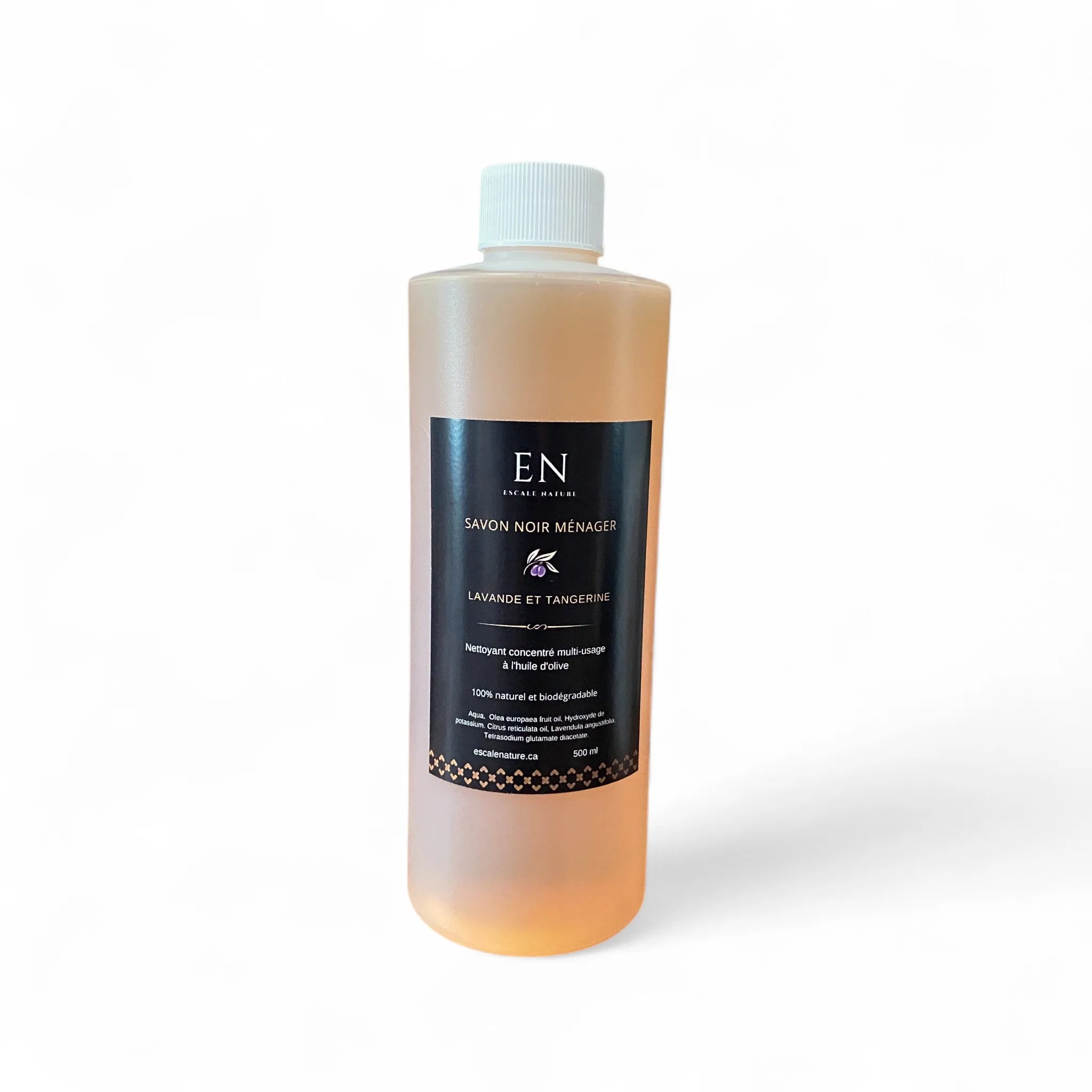 Savon noir ménager liquide, naturel à l'huile d'olive lavande et tangerine fait au Québec, Canada par Savonnerie Escale Nature.