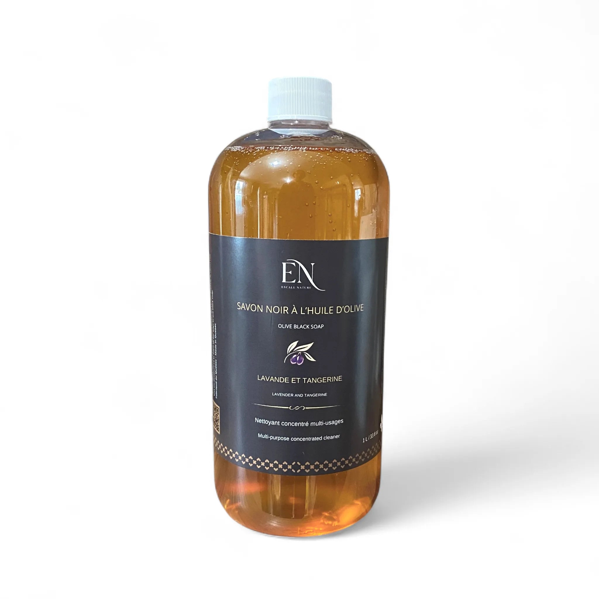 Savon noir ménager liquide, naturel à l'huile d'olive lavande et tangerine fait au Québec, Canada par Savonnerie Escale Nature.