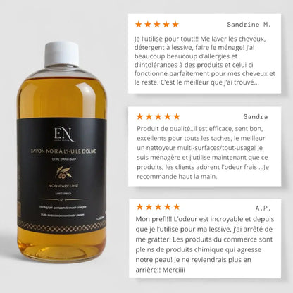 Plusieurs avis 5 étoiles pour le savon noir ménager liquide, naturel à l'huile d'olive lavande et tangerine fait au Québec, Canada par Savonnerie Escale Nature.