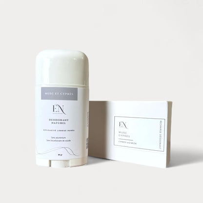 Déodorant rechargeable naturel pour homme musc et cyprès fait au Québec par Savonnerie Escale Nature