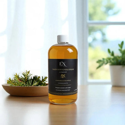 Savon noir liquide à l'huile d'olive conifères eucalyptus fabriqué au Québec par Savonnerie Escale Nature