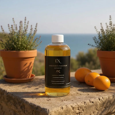 Savon noir ménager liquide, naturel à l'huile d'olive lavande et tangerine fait au Québec, Canada par Savonnerie Escale Nature.