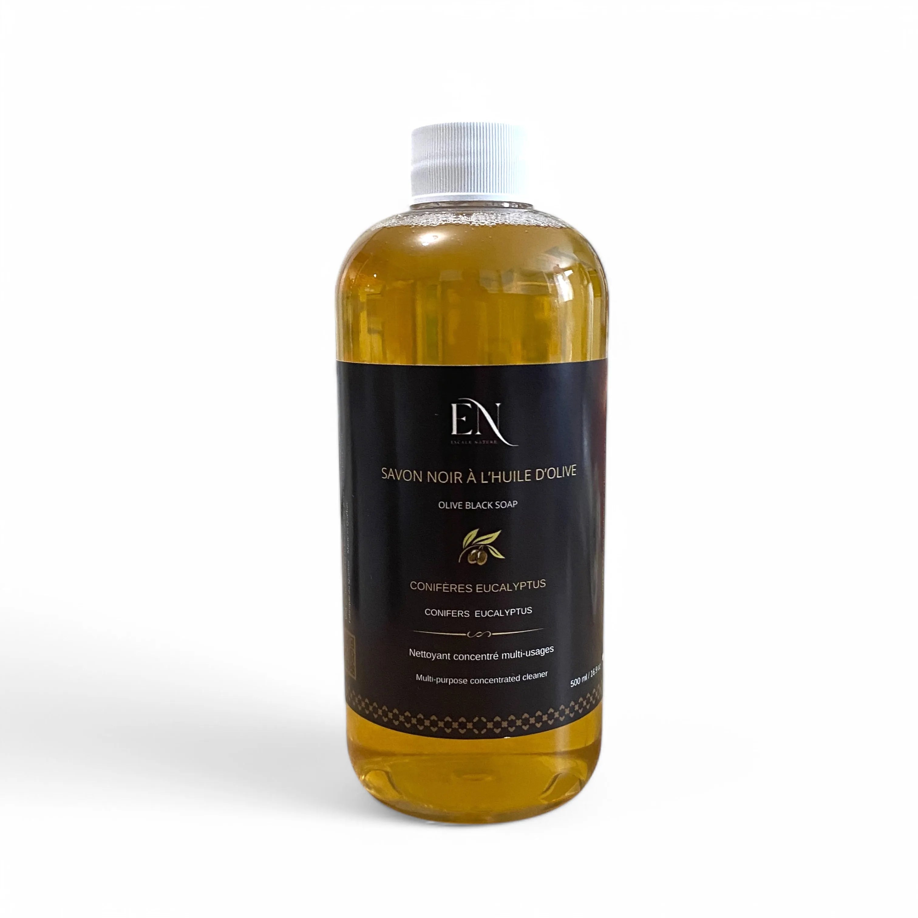 Savon noir liquide conifères sapin eucalyptus au Québec par Savonnerie Escale Nature