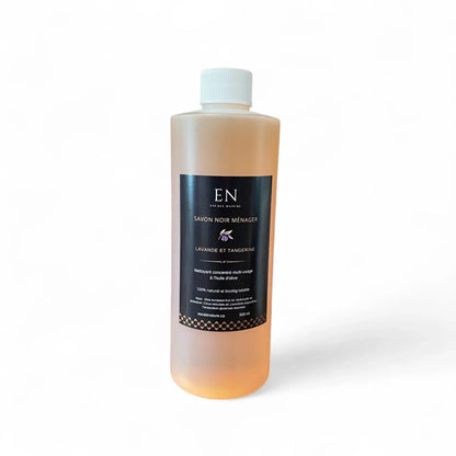 Savon noir ménager liquide, naturel à l'huile d'olive lavande et tangerine fait au Québec, Canada par Savonnerie Escale Nature.