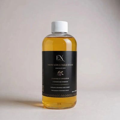 Savon noir ménager liquide, naturel à l'huile d'olive lavande et tangerine fait au Québec, Canada par Savonnerie Escale Nature.