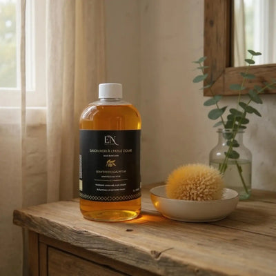 Savon noir liquide à l'huile d'olive conifères eucalyptus fabriqué au Québec par Savonnerie Escale Nature