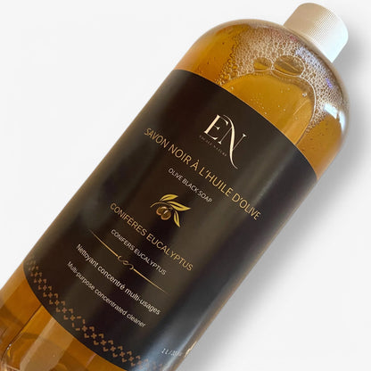 savon noir ménager liquide conifères eucalyptus fait au Québec. Produit ménager écologique par Savonnerie Escale Nature